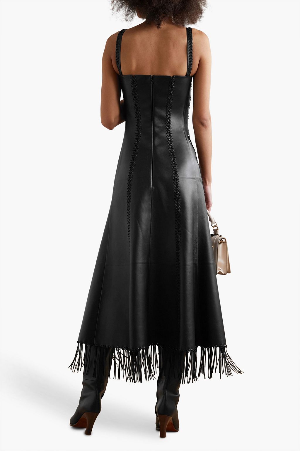 CHLOÉ 프린지 디테일 마크라메 가죽 미디 드레스