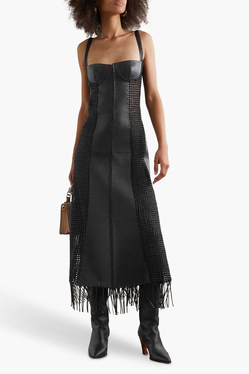 CHLOÉ 프린지 디테일 마크라메 가죽 미디 드레스