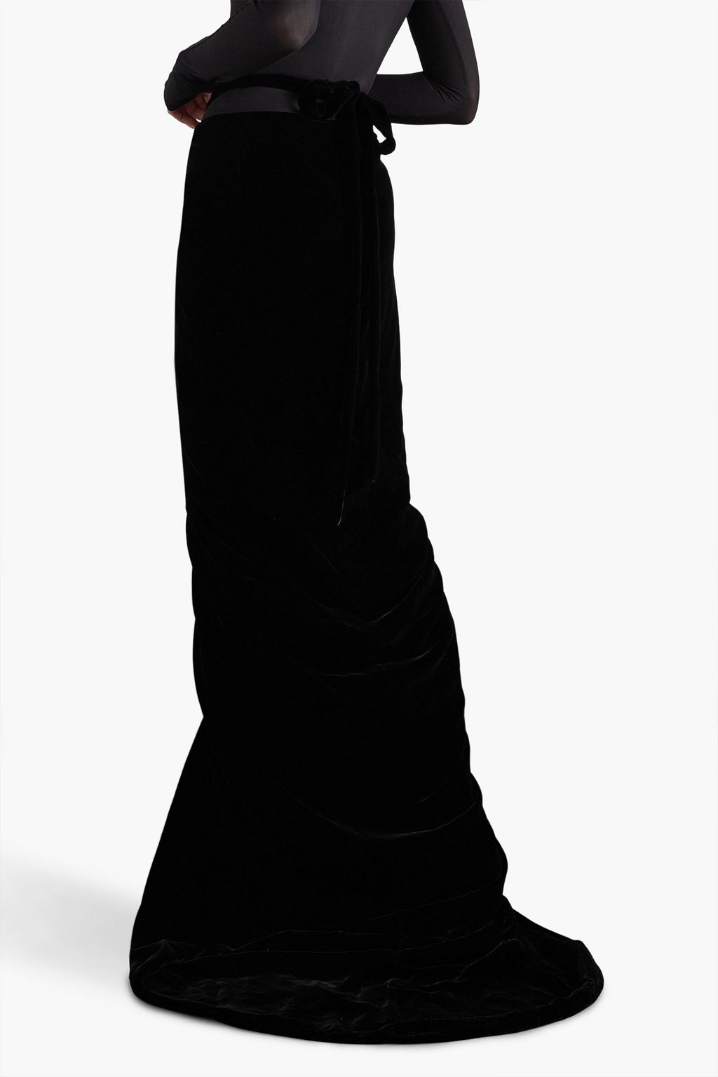 ALAÏA Lace-up PVC-paneled draped velvet maxi skirt