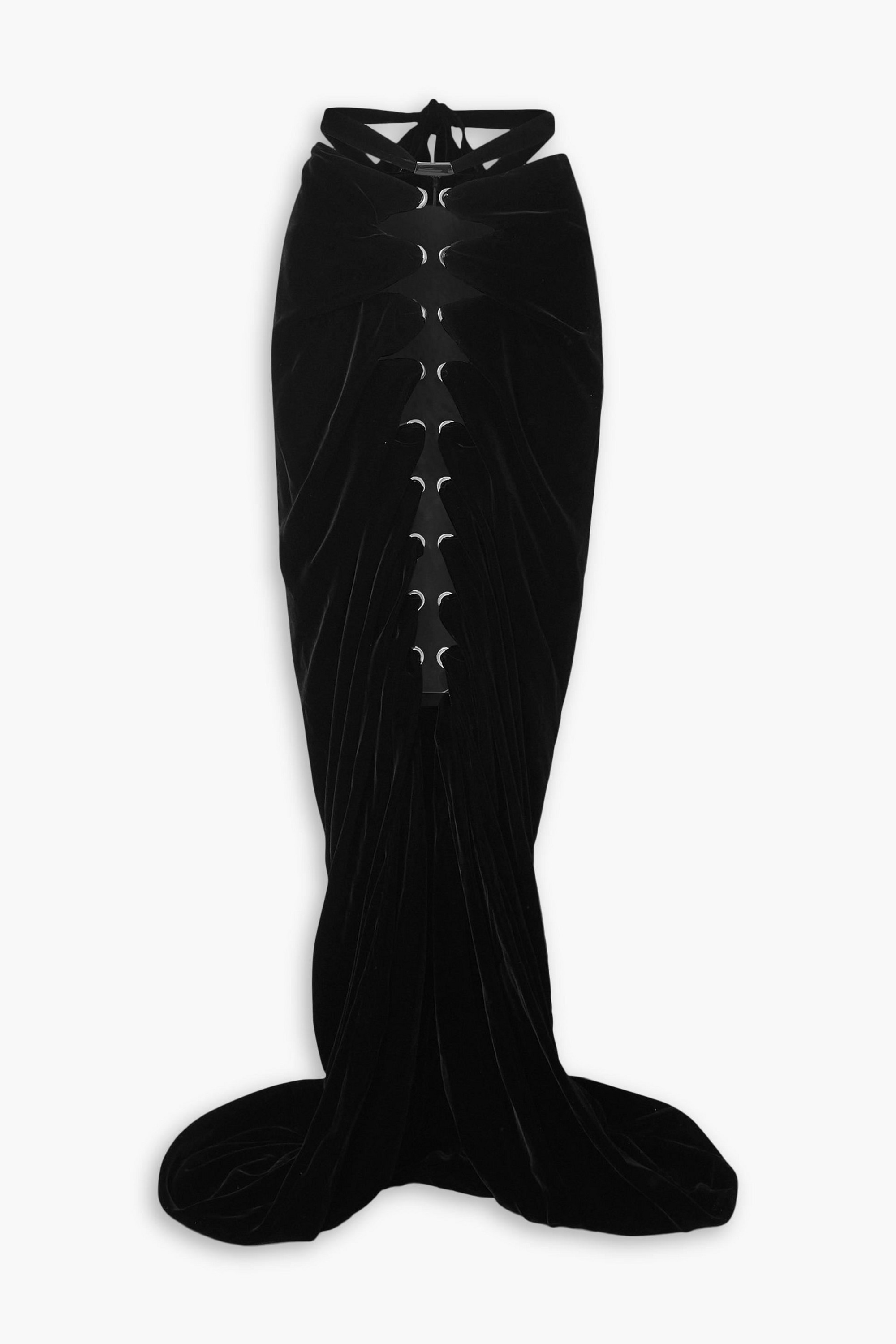 Alaïa Lace-up PVC-paneled draped velvet maxi skirt thumbnail