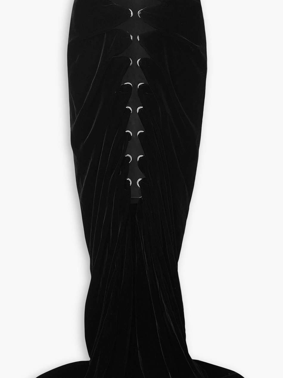 lace-up pvc-paneled draped velvet maxi skirt