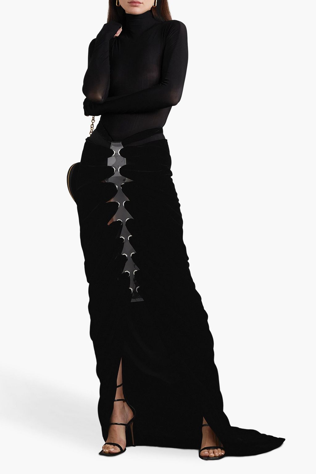 ALAÏA Lace-up PVC-paneled draped velvet maxi skirt