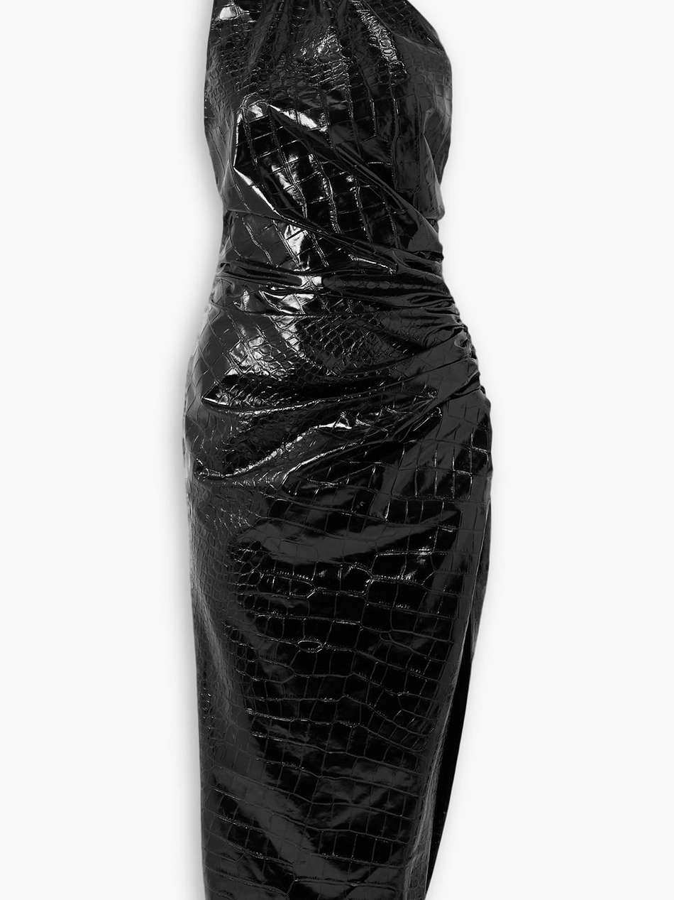 asymmetric croc-effect vinyl halterneck midi dress