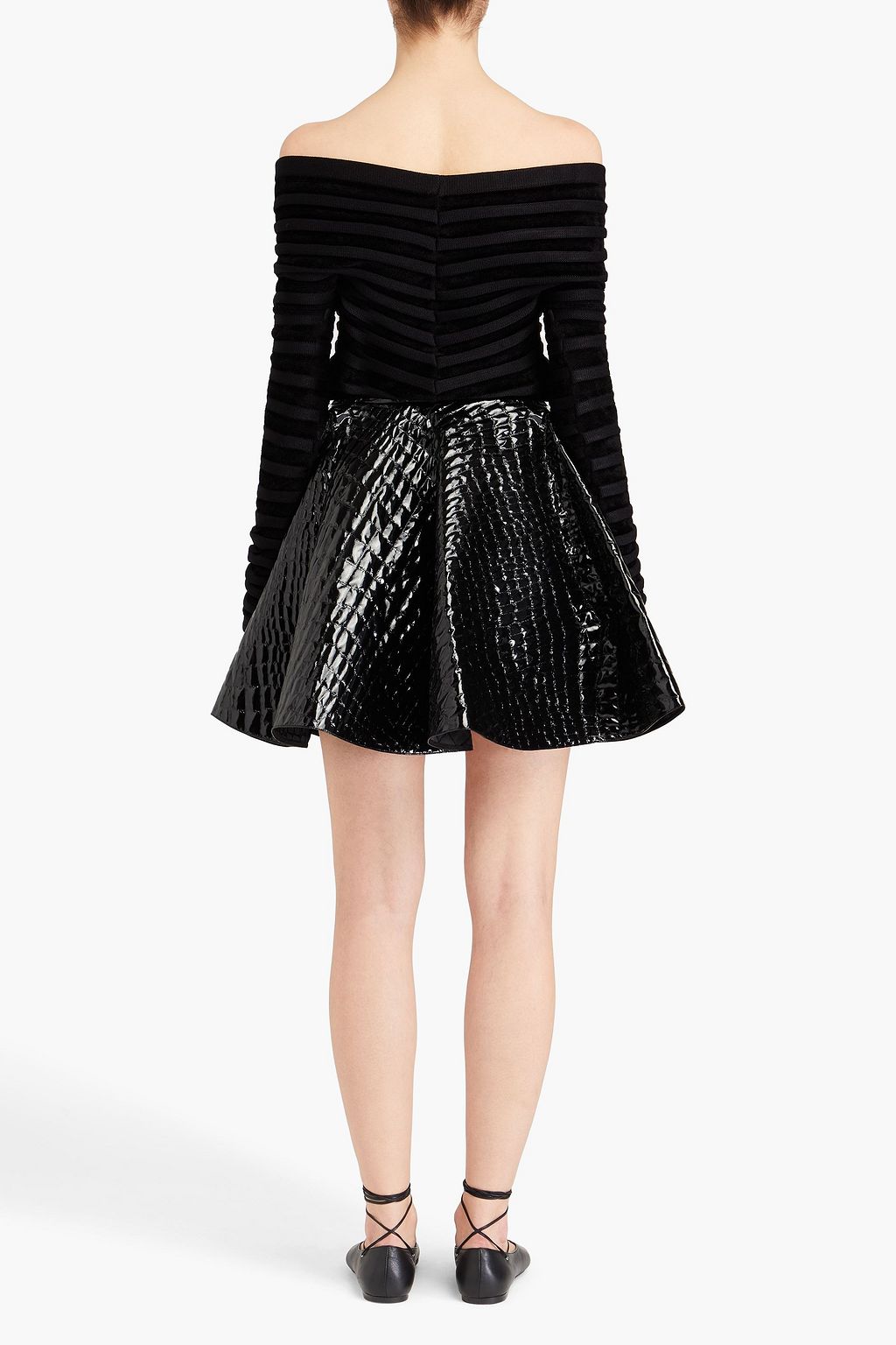 ALAÏA Off-the-shoulder cropped striped chenille and jersey sweater