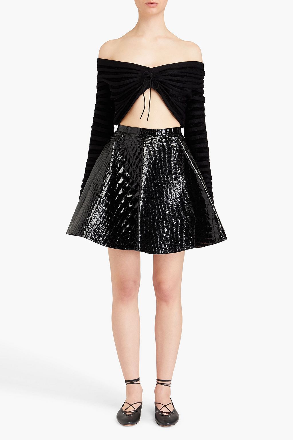 ALAÏA Off-the-shoulder cropped striped chenille and jersey sweater
