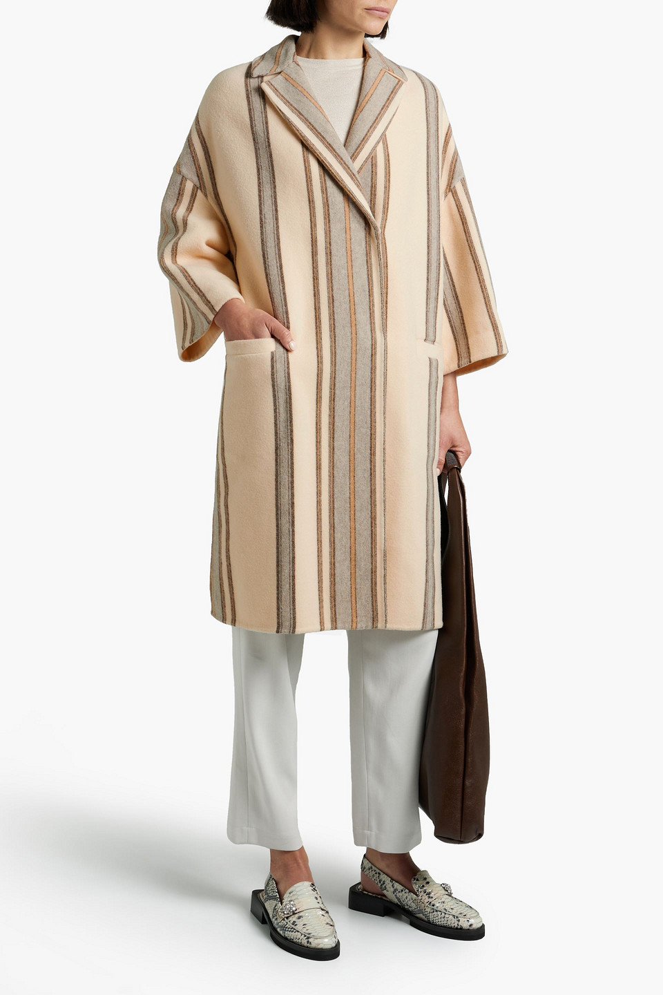 Shop Brunello Cucinelli Double-breasted Striped Wool And Cashmere-blend Felt Coat In Cream