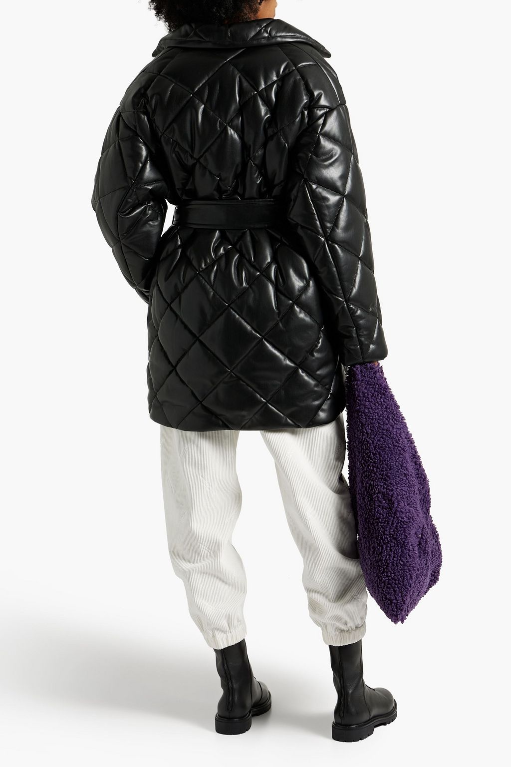 STAND STUDIO Maxim belted quilted faux leather coat