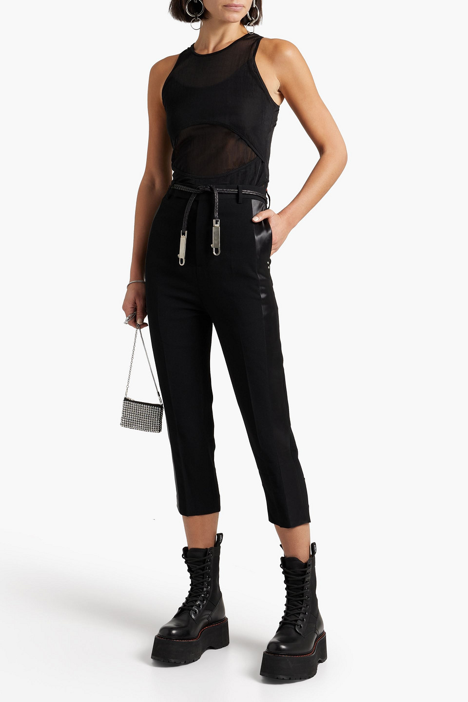 Shop Rick Owens Cropped Satin-paneled Wool-blend Crepe Skinny Pants In Black