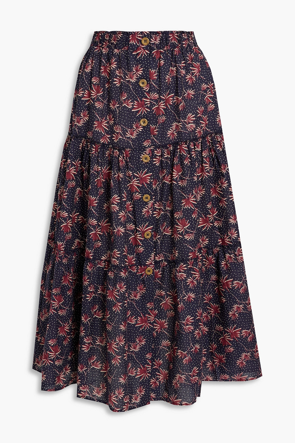 Eberjey Nolita Tiered Printed Cotton Midi Skirt In Midnight Blue