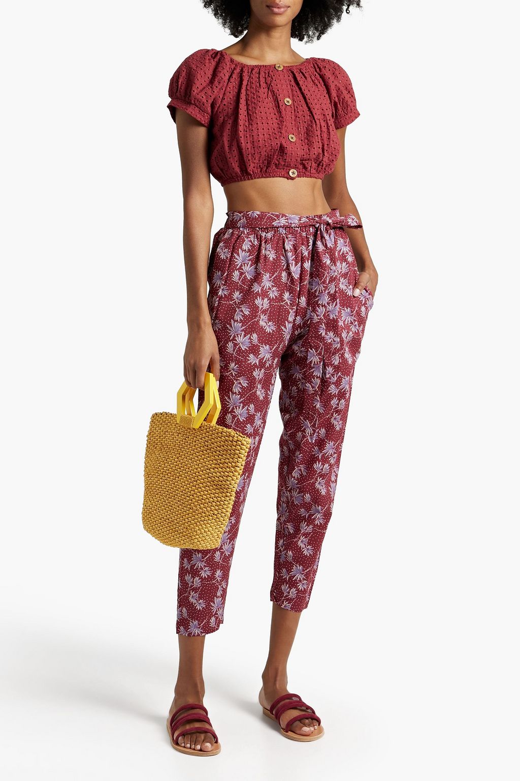 EBERJEY Cropped printed cotton tapered pants THE