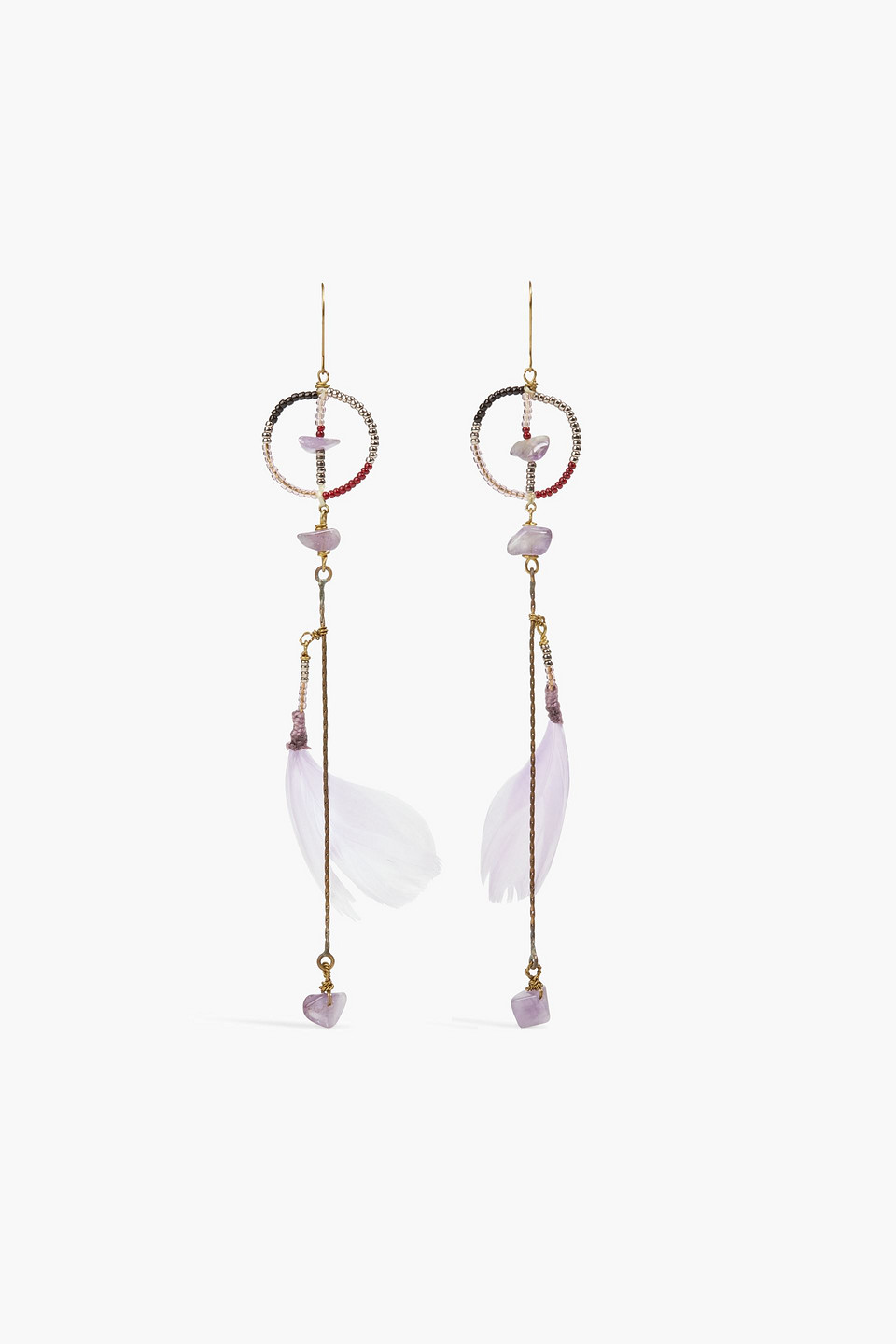 Gold-tone, stone, feather and bead earrings