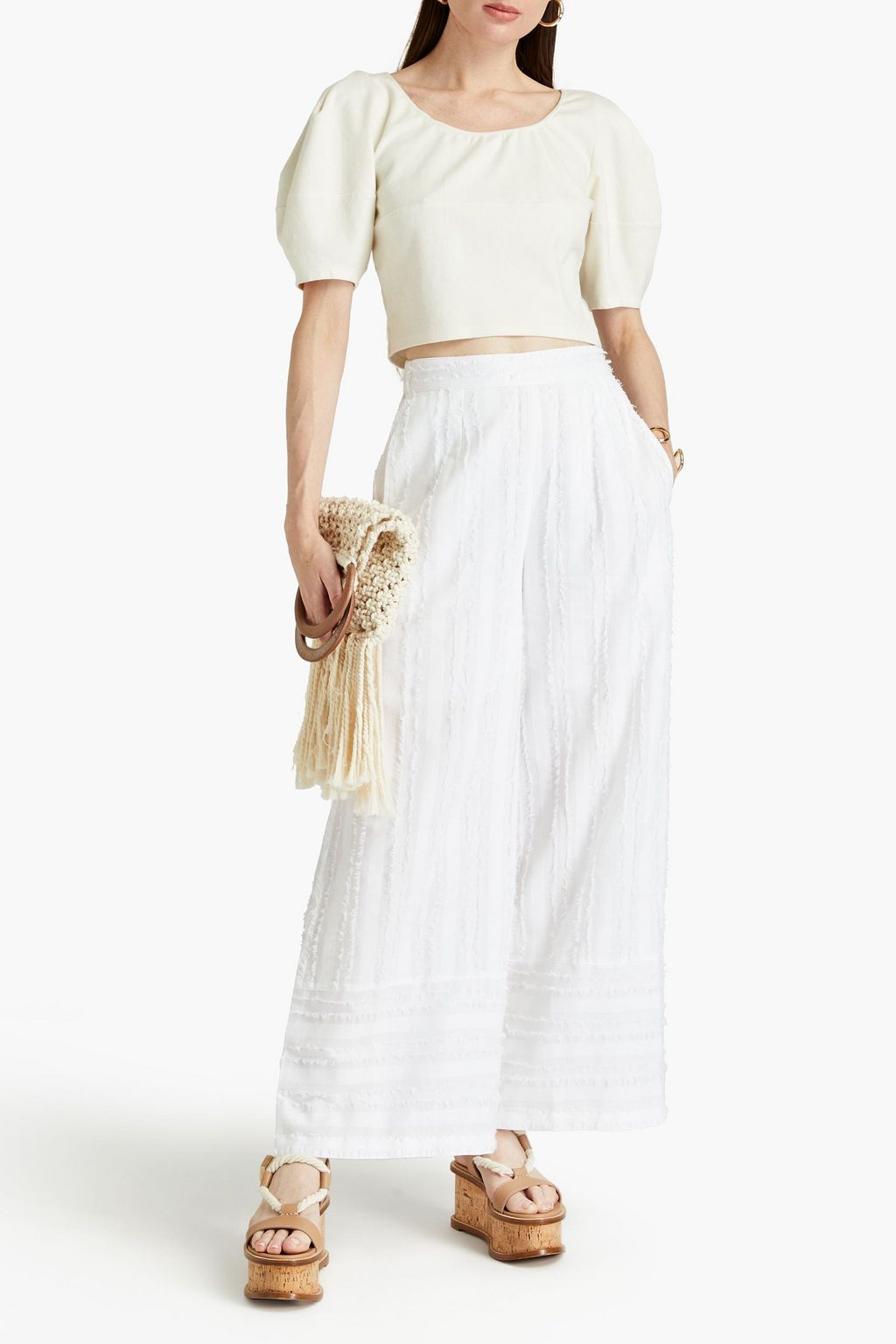 TIGERLILY Okimi Rudy frayed cotton and linen-blend wide-leg pants