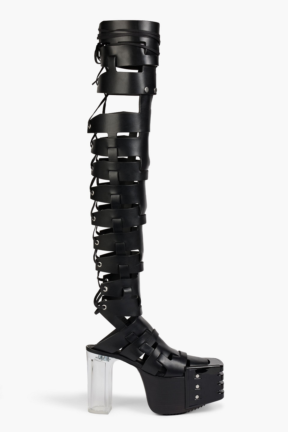 RICK OWENS LACE-UP LEATHER PLATFORM OVER-THE-KNEE BOOTS,3074457345633037708