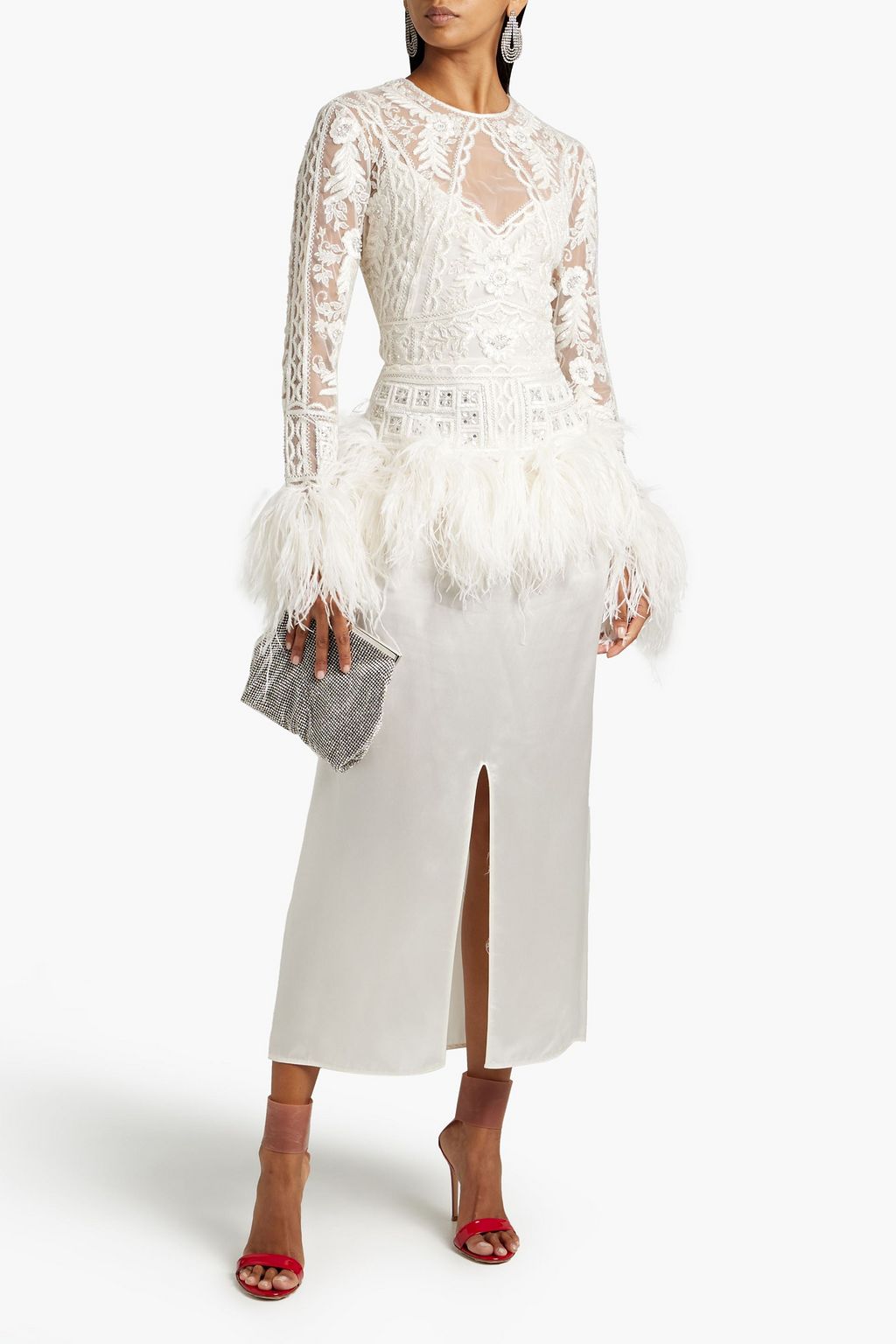 ZUHAIR MURAD Feather-trimmed embellished silk-blend tulle top