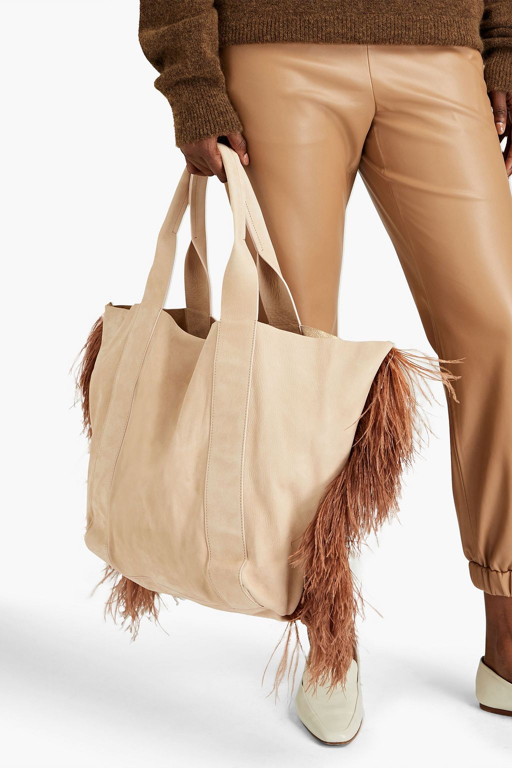 BRUNELLO CUCINELLI Feather-embellished pebbled-leather tote
