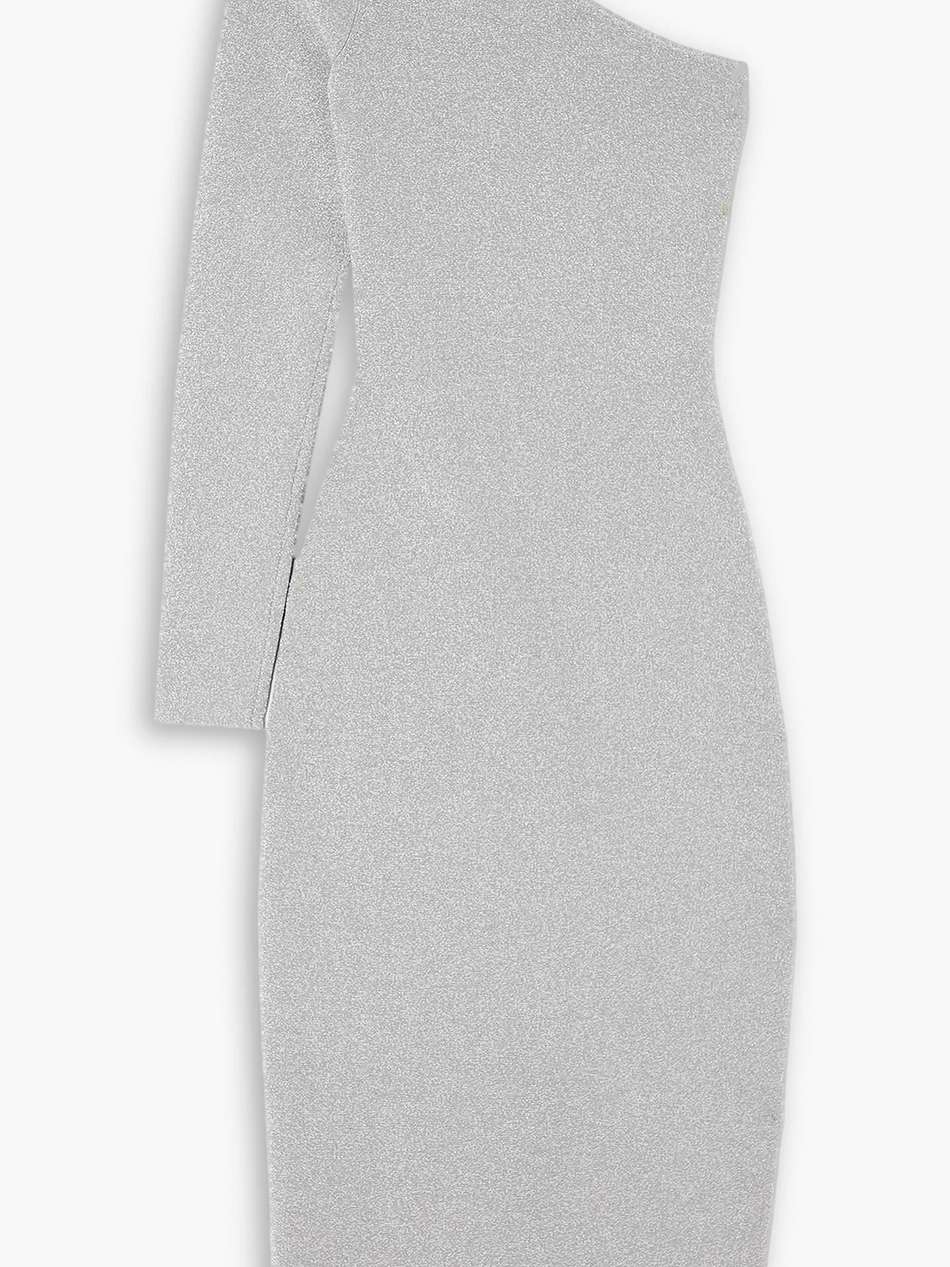 vb body one-shoulder metallic lurex midi dress