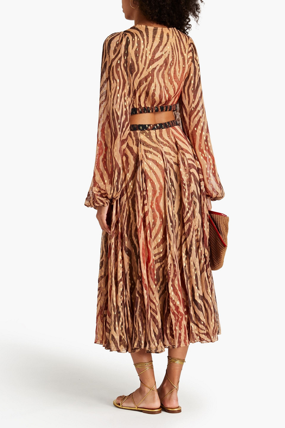 Rococo Sand Cutout Metallic Fil Coupé Voile Midi Dress In Camel