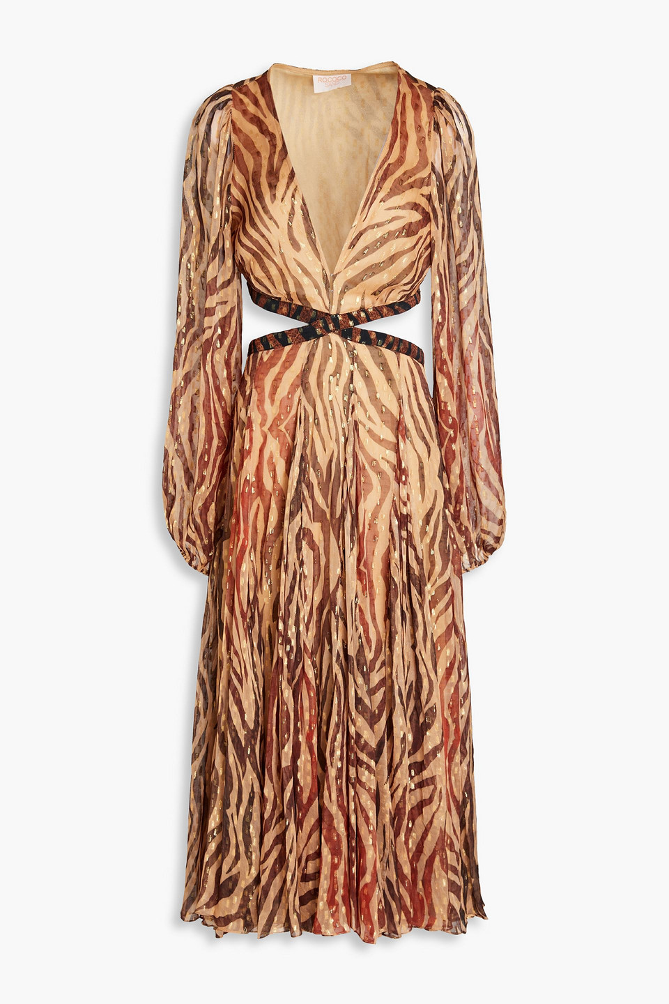 Rococo Sand Cutout Metallic Fil Coupé Voile Midi Dress In Camel