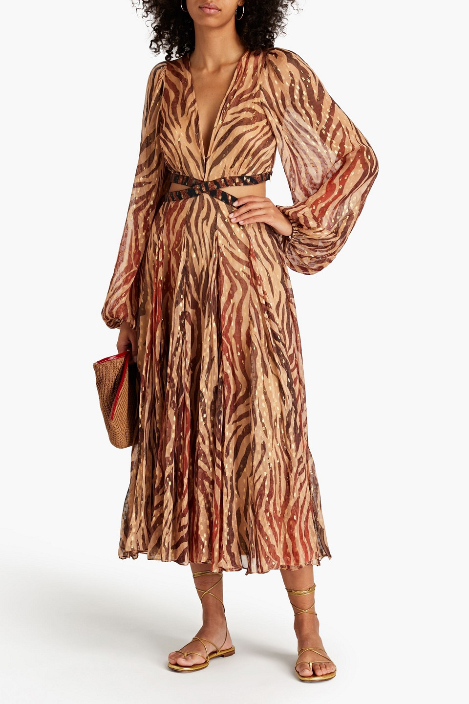 Rococo Sand Cutout Metallic Fil Coupé Voile Midi Dress In Camel