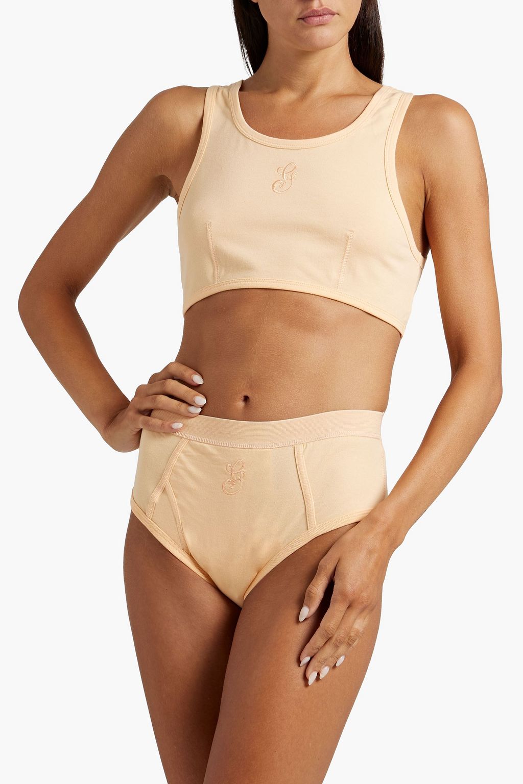 GANNI Embroidered stretch-cotton jersey sports bras
