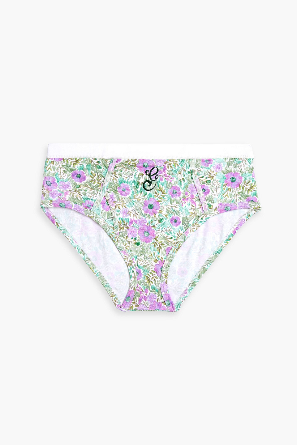 ganni - embroidered floral-print stretch-cotton mid-rise briefs - purple - m