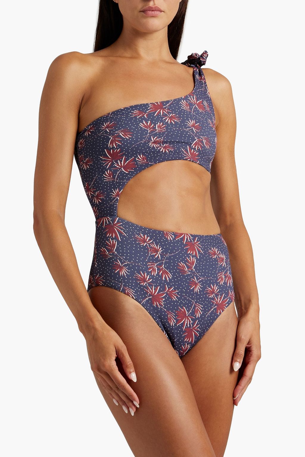 EBERJEY Ibiza one shoulder cutout printed stretch pique swimsuit THE OUTNET