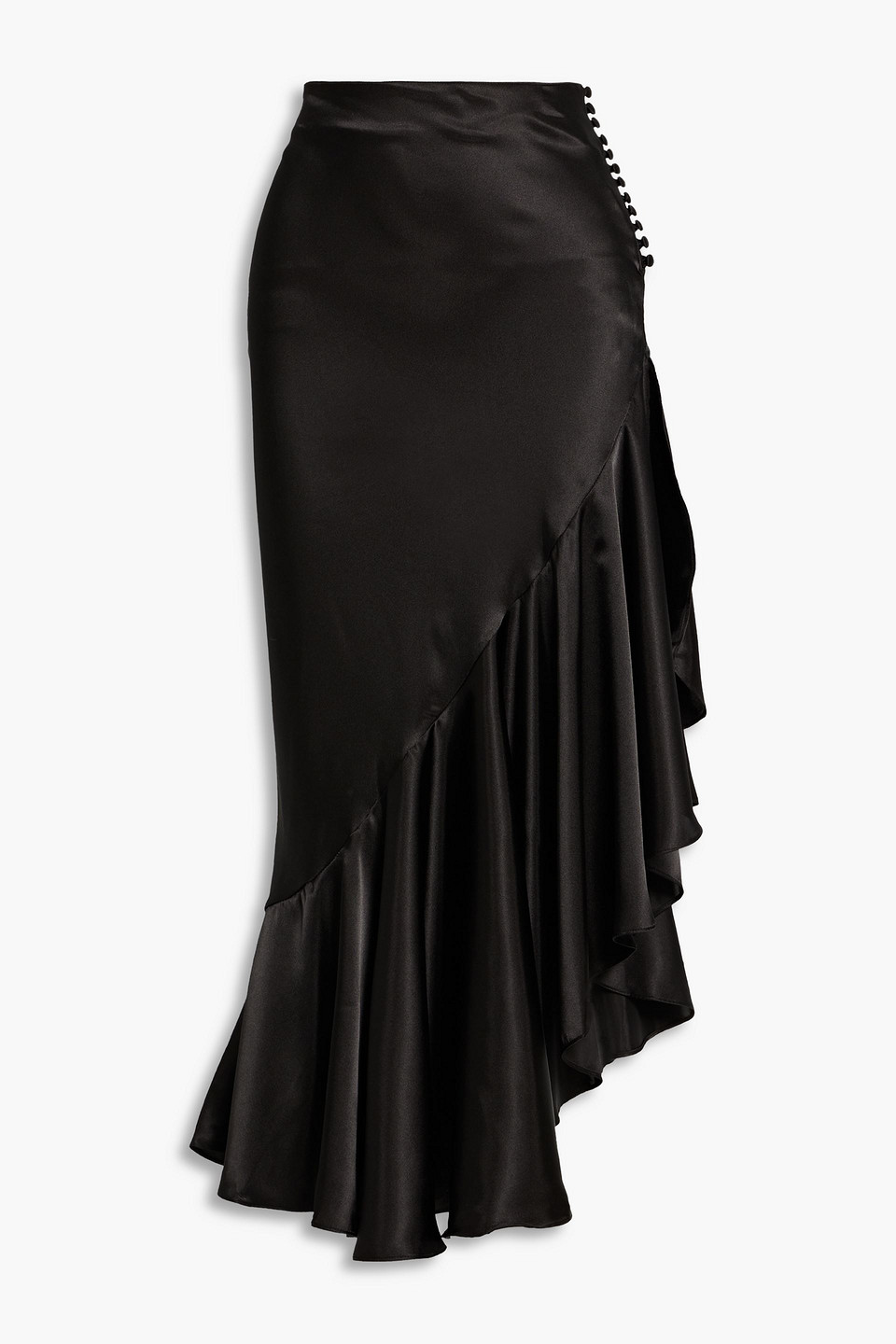 the line by k - asymmetric ruffled satin midi skirt - black - xs