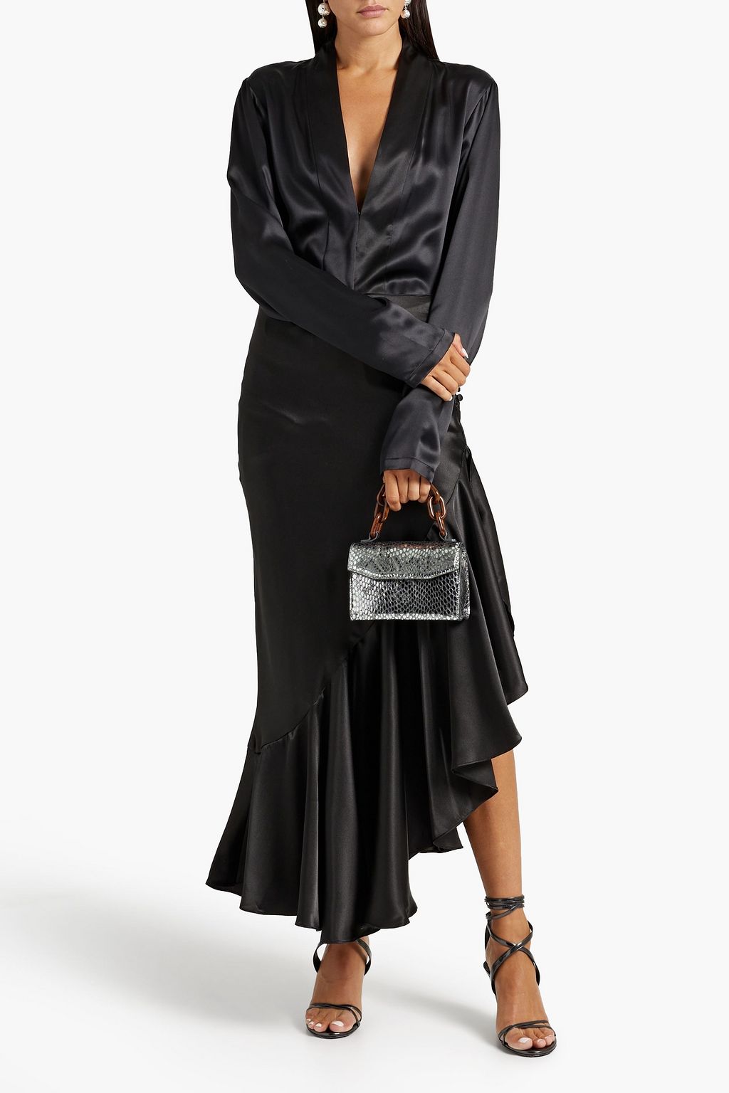 THE LINE BY K Asymmetric ruffled satin midi skirt