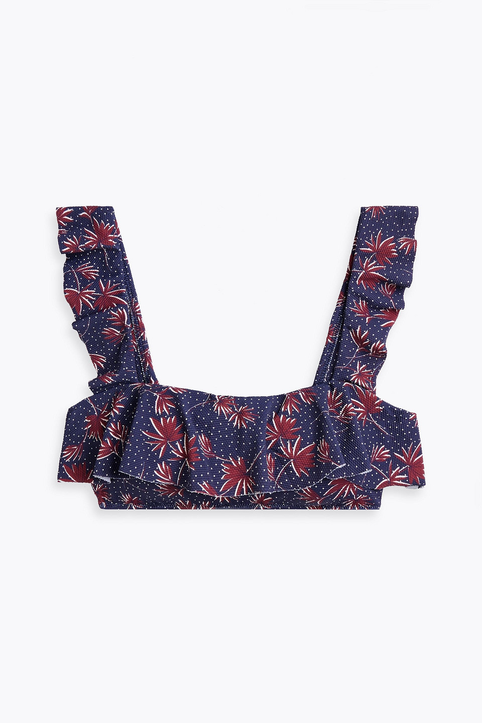 Eberjey Ruffled Printed Stretch-piquè Bikini Top In Navy