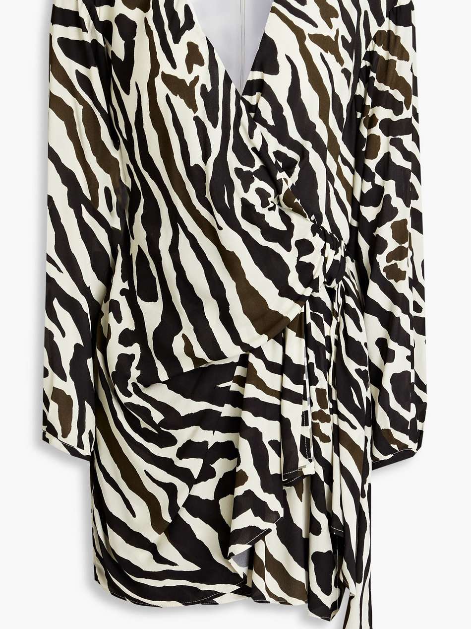 wrap-effect draped zebra-print crepe mini dress