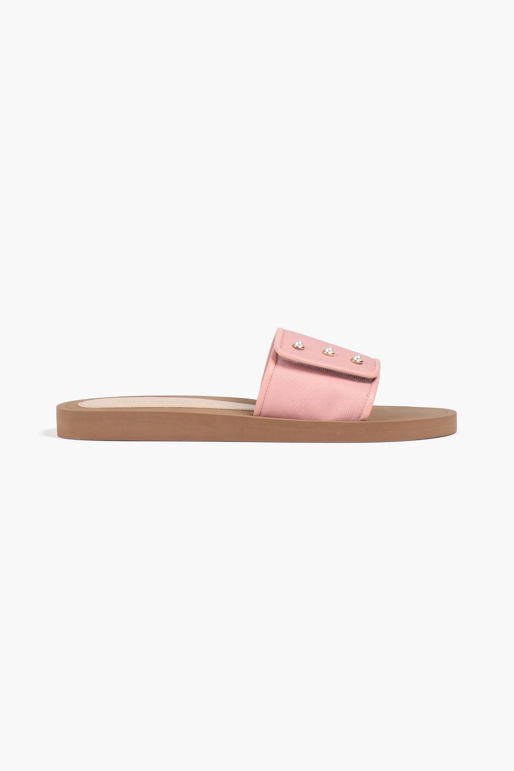 STUART WEITZMAN Embellished leather-trimmed twill slides | THE OUTNET