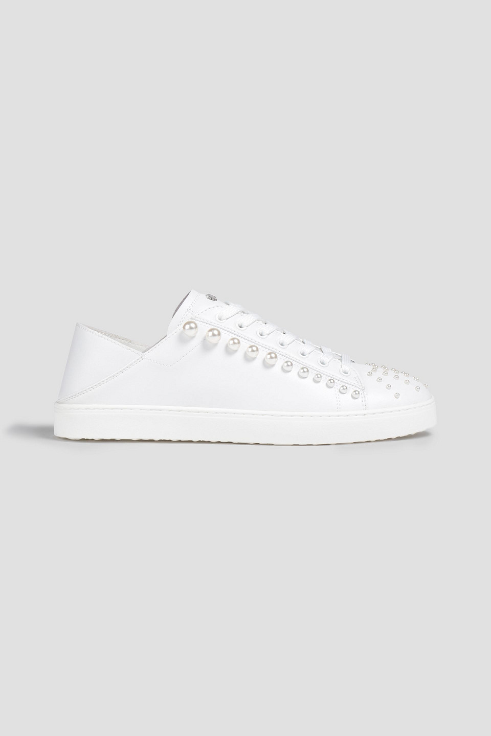 STUART WEITZMAN GOLDIE FAUX-PEARL EMBELLISHED LEATHER COLLAPSIBLE-HEEL SNEAKERS,3074457345633079656