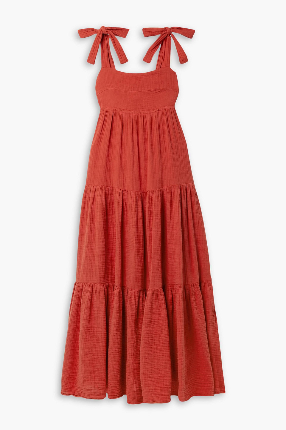Honorine Marguerite Tiered Cotton-seersucker Maxi Dress In Brick