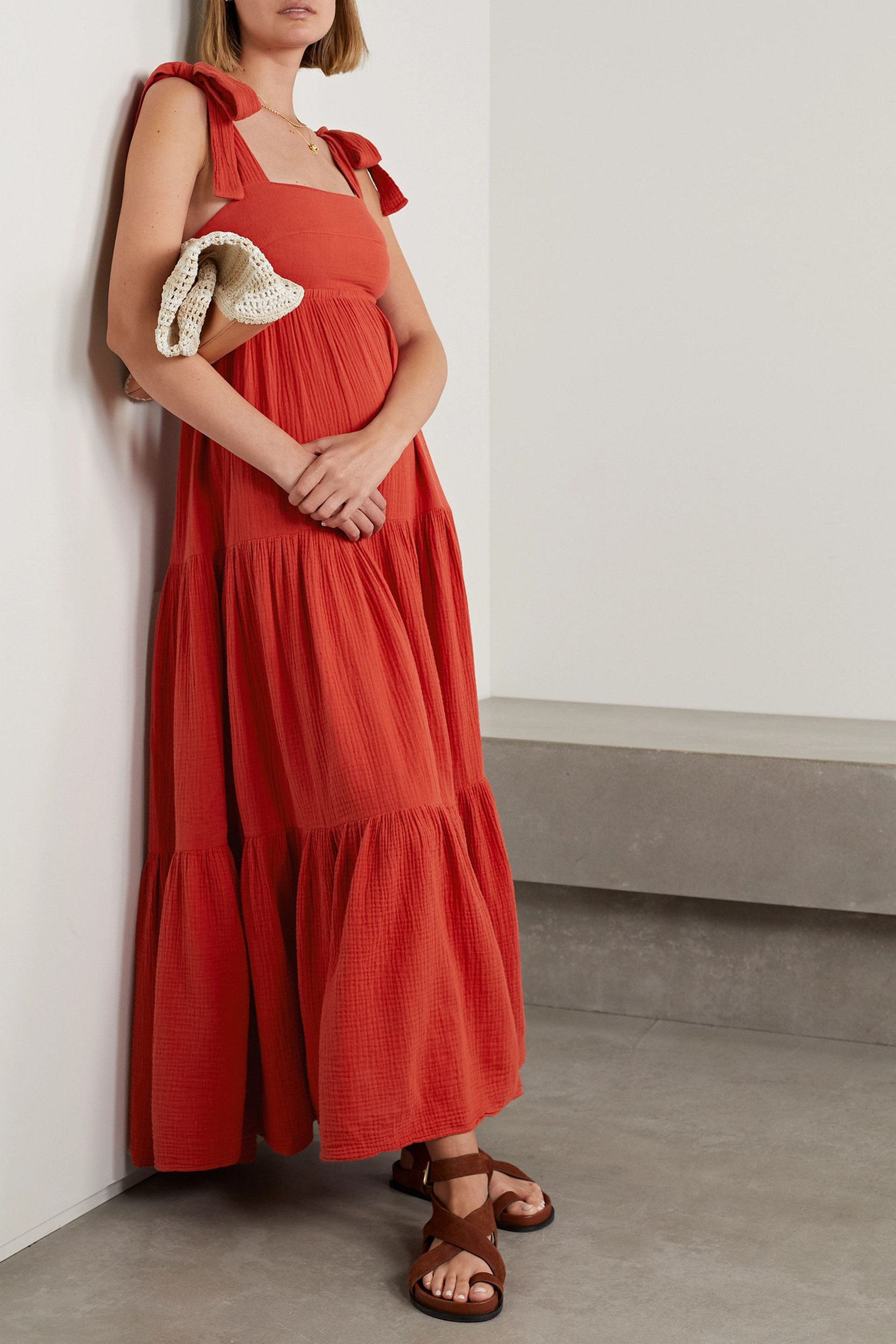 HONORINE Marguerite tiered cotton-seersucker maxi dress