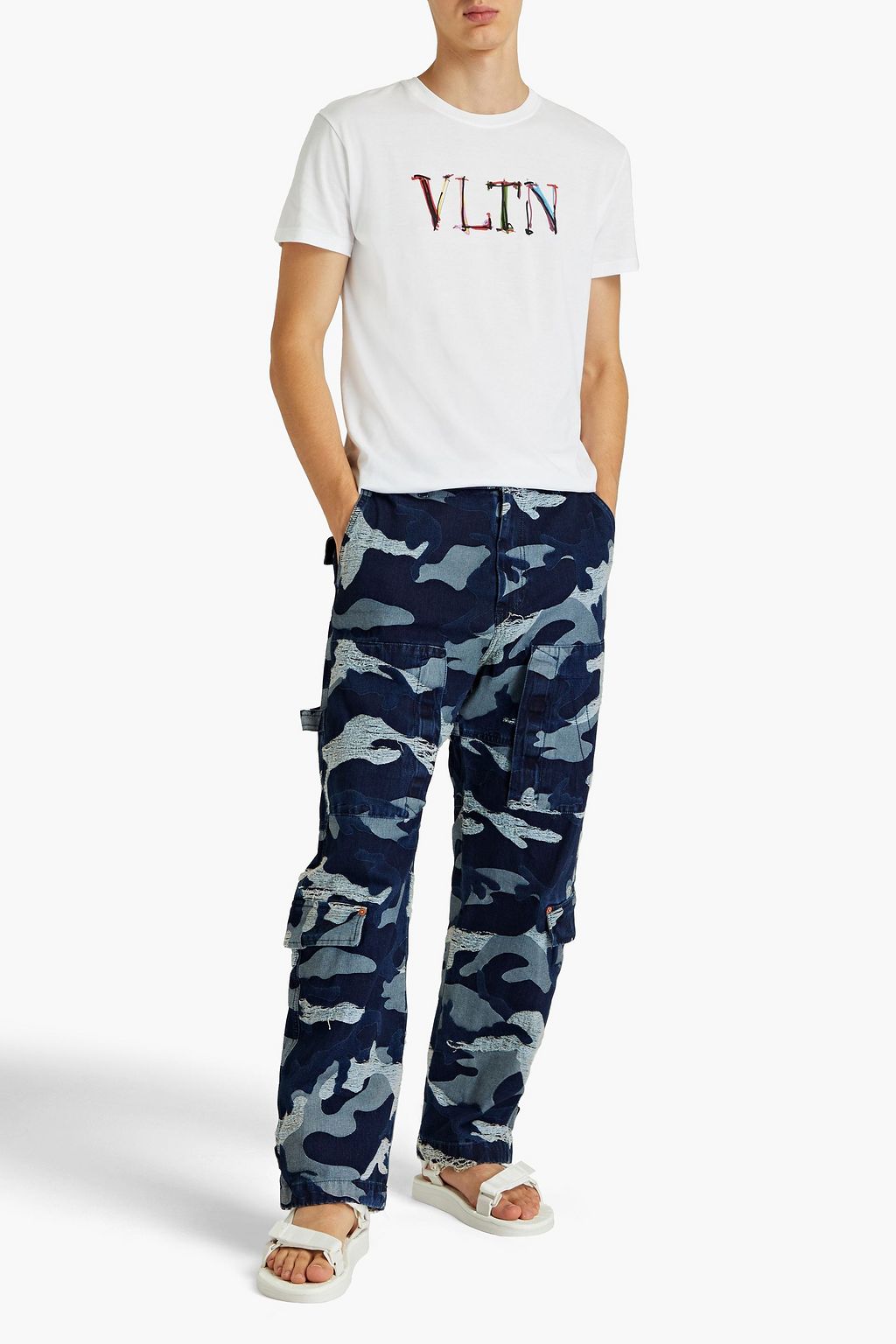 VALENTINO Tapered distressed denim-jacquard jeans