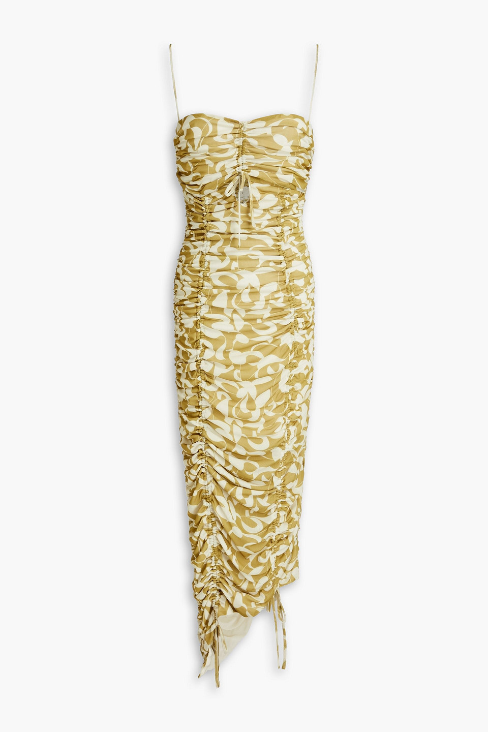 nicholas - ruched printed stretch-mesh midi dress - yellow - us 4