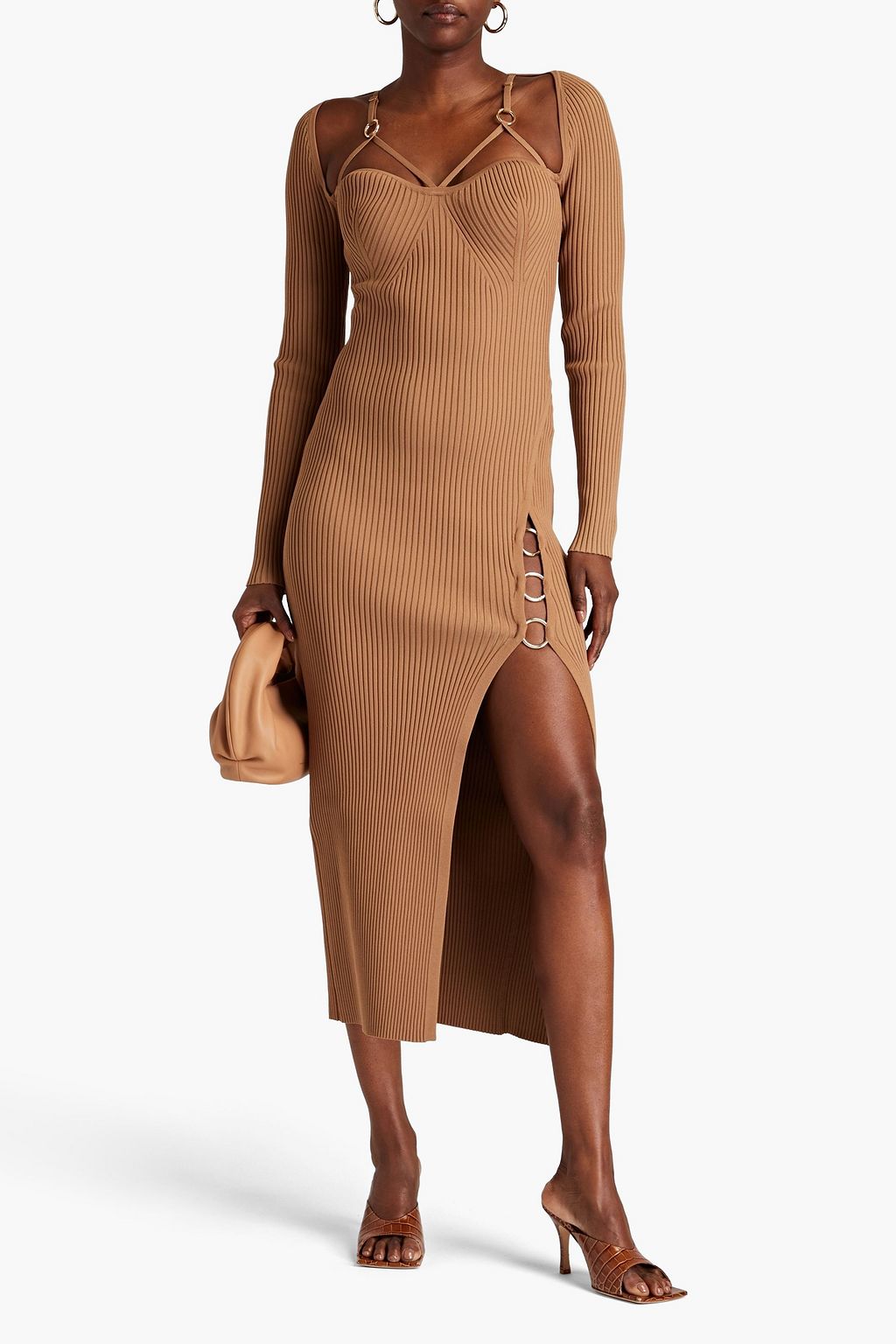 NICHOLAS Ring-embellished ribbed-knit midi dress