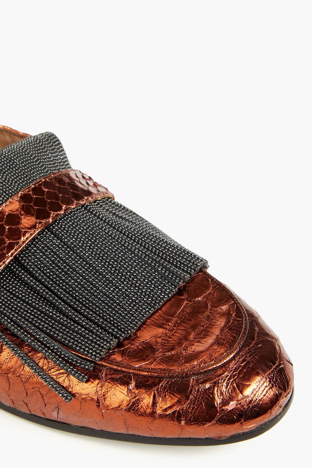 BRUNELLO CUCINELLI スネーク風レザー ローファー フリンジ付き メタリック