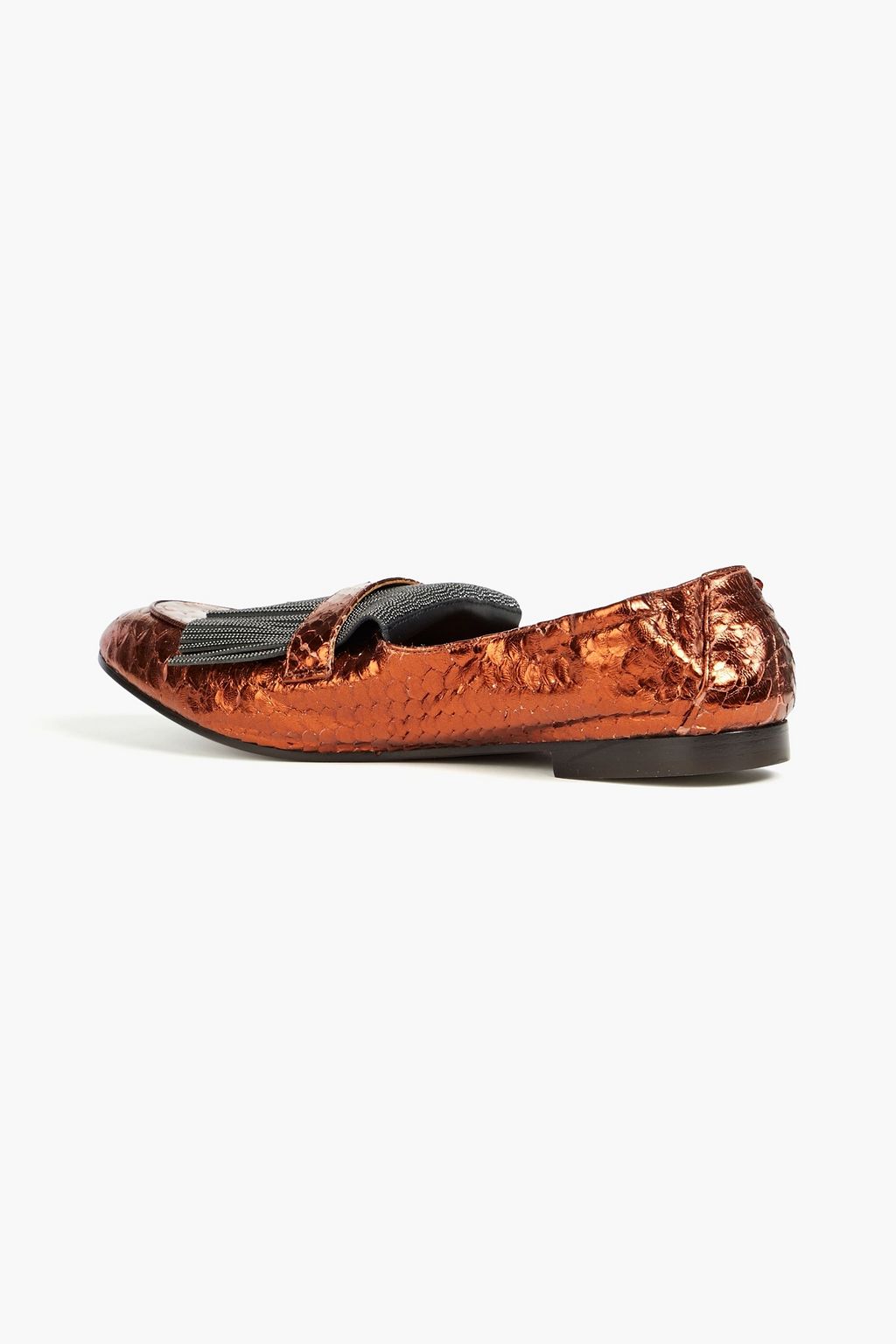 BRUNELLO CUCINELLI スネーク風レザー ローファー フリンジ付き メタリック