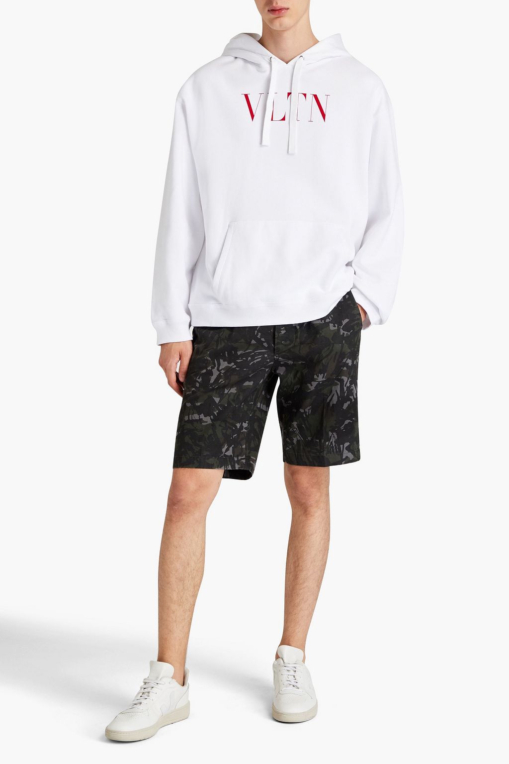VALENTINO Printed French cotton-blend terry drawstring hoodie