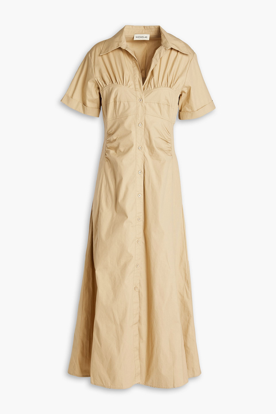 Nicholas Tenley Gathered Cotton-poplin Midi Shirt Dress In Beige