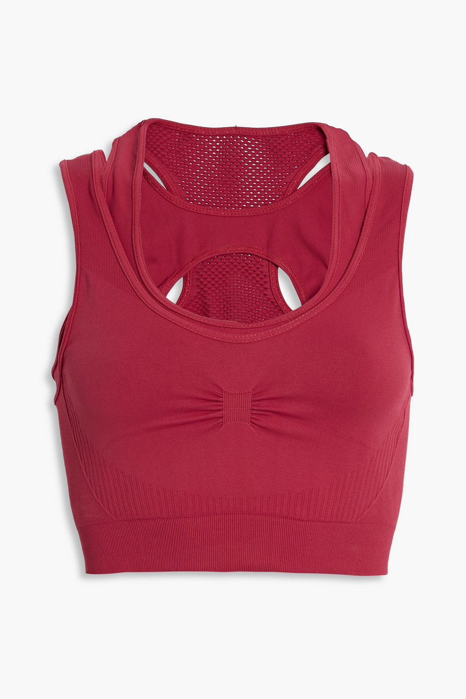 Koral - Roxy cropped ruched mesh-paneled sports bra - Burgundy - M