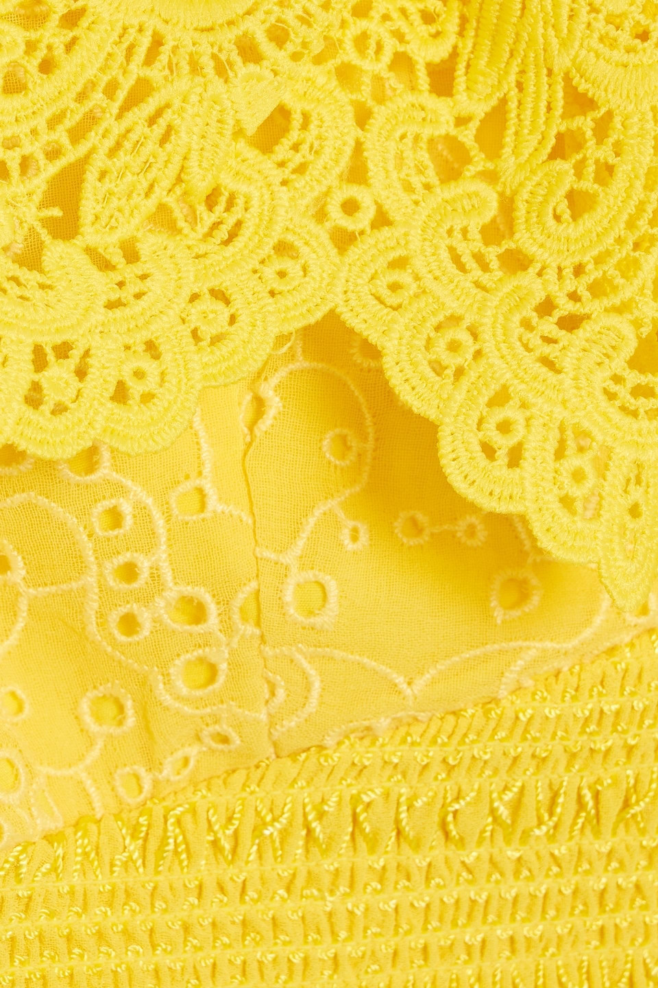 Shop Alice And Olivia Bleeker Cropped Smocked Broderie Anglaise And Guipure Lace Top In Yellow