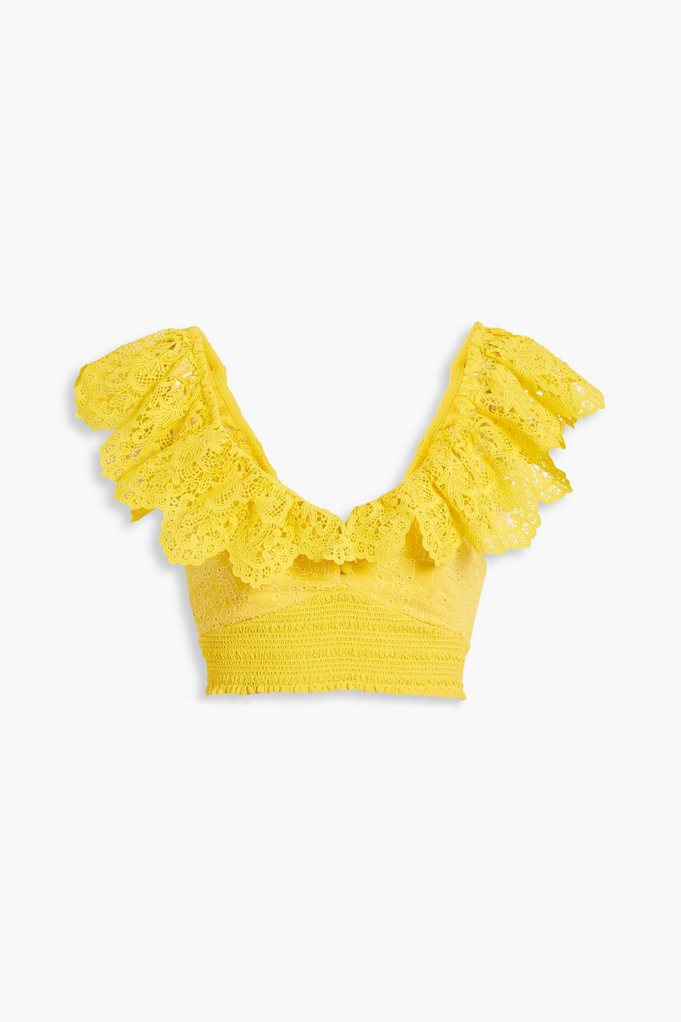 Shop Alice And Olivia Bleeker Cropped Smocked Broderie Anglaise And Guipure Lace Top In Yellow