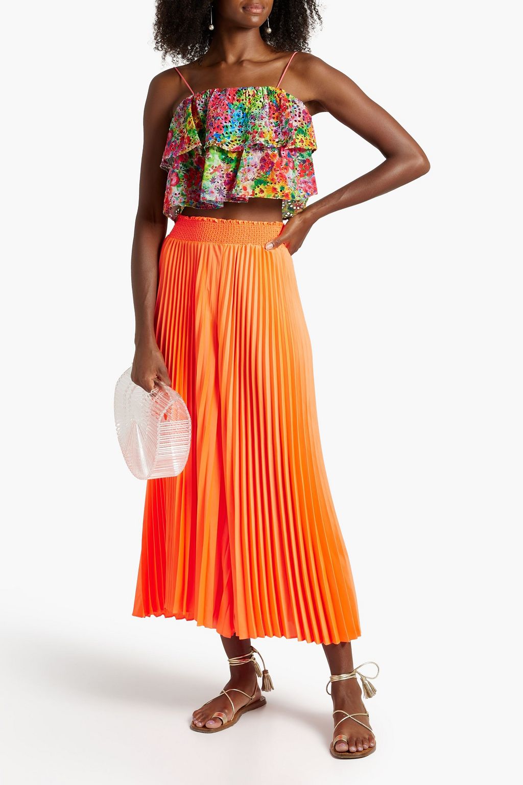 ALICE + OLIVIA توب قصير «ماريلين» من مزيج الكتان والقطن بتطريز إنجليزي مزين بطبعات على شكل زهور