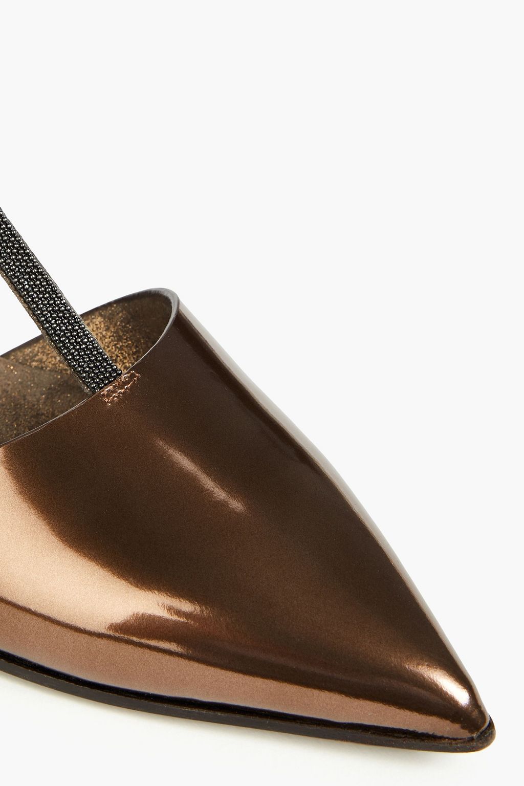 BRUNELLO CUCINELLI Flache Schuhe mit spitzer Kappe aus Lackleder und strukturiertem Leder in Metallic-Optik