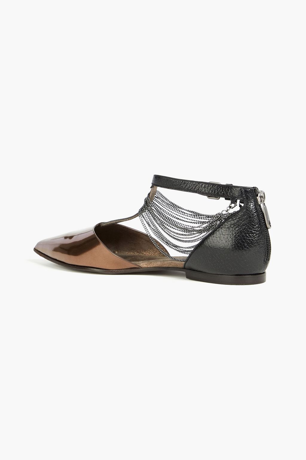 BRUNELLO CUCINELLI Flache Schuhe mit spitzer Kappe aus Lackleder und strukturiertem Leder in Metallic-Optik