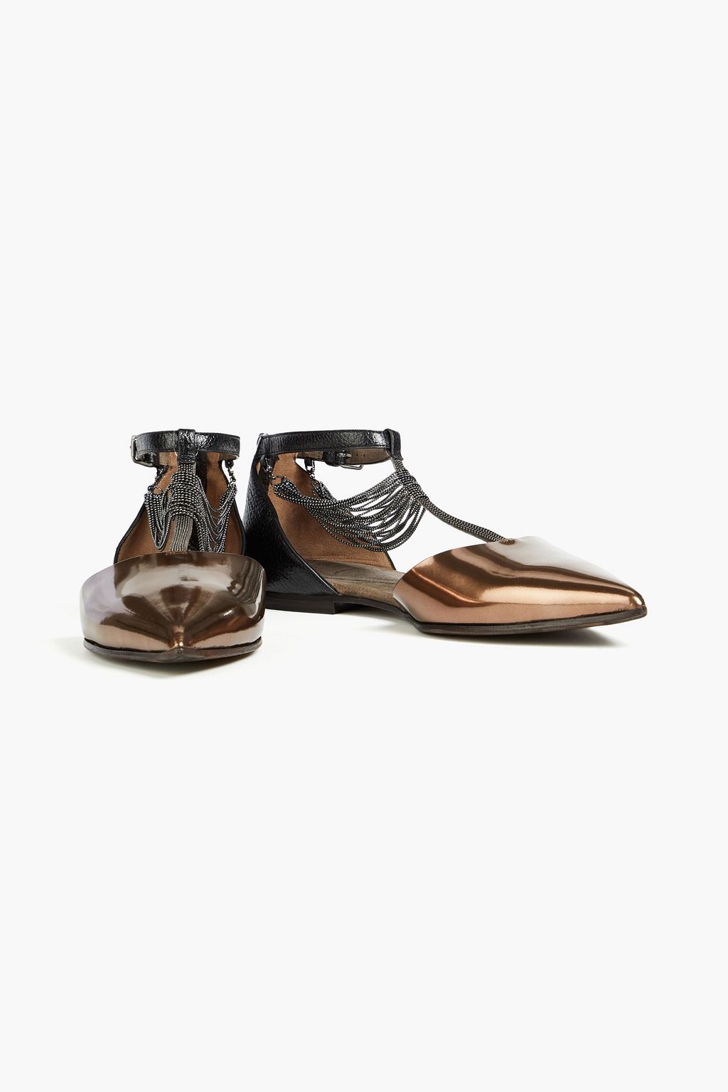 BRUNELLO CUCINELLI Flache Schuhe mit spitzer Kappe aus Lackleder und strukturiertem Leder in Metallic-Optik