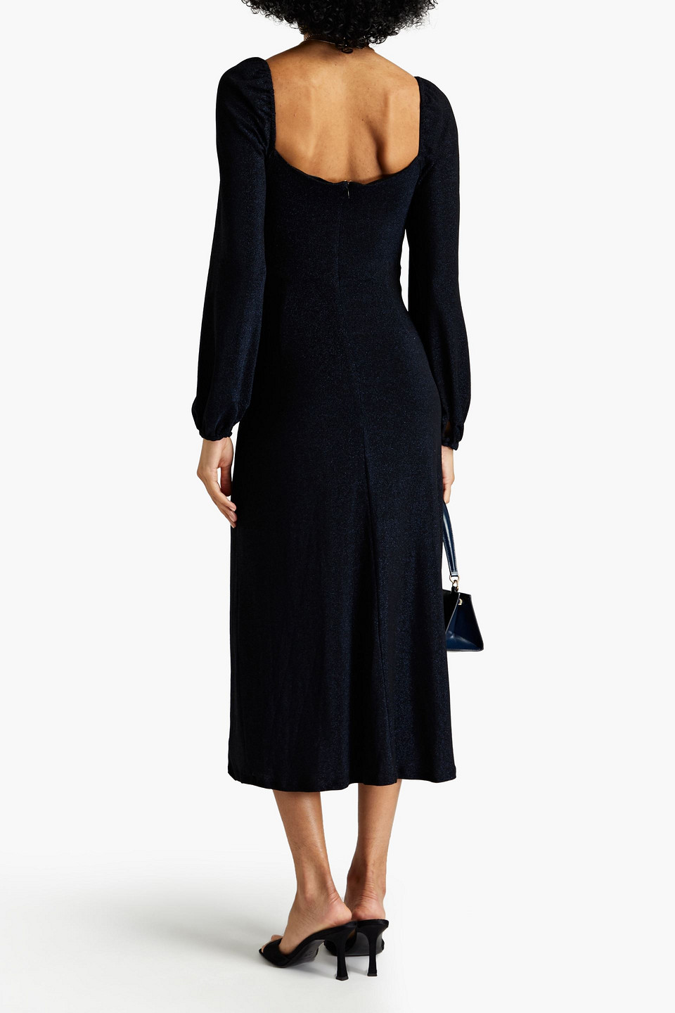 Shop Nicholas Whitney Gathered Cutout Metallic Jersey Midi Dress In Navy