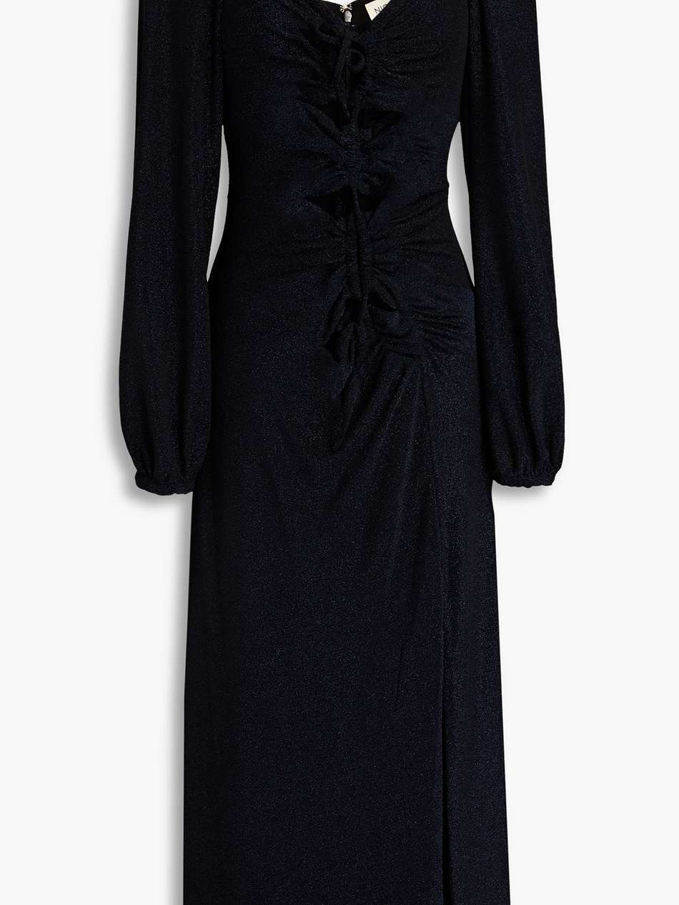 whitney gathered cutout metallic jersey midi dress